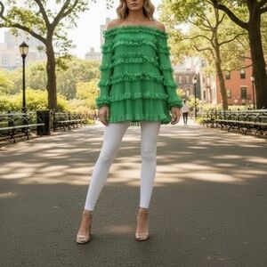 A351  Nancy Green Pleated Ruffle Romantic Chic  Chiffon Off-Shoulder Top  NWT XL